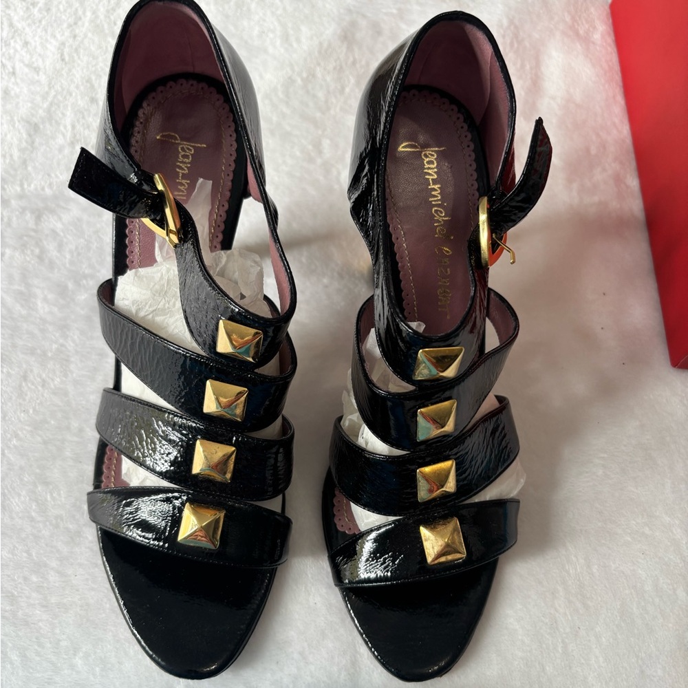 Jean Michel Cazabat Black Patent Leather Heels with Gold Accents 39.5.